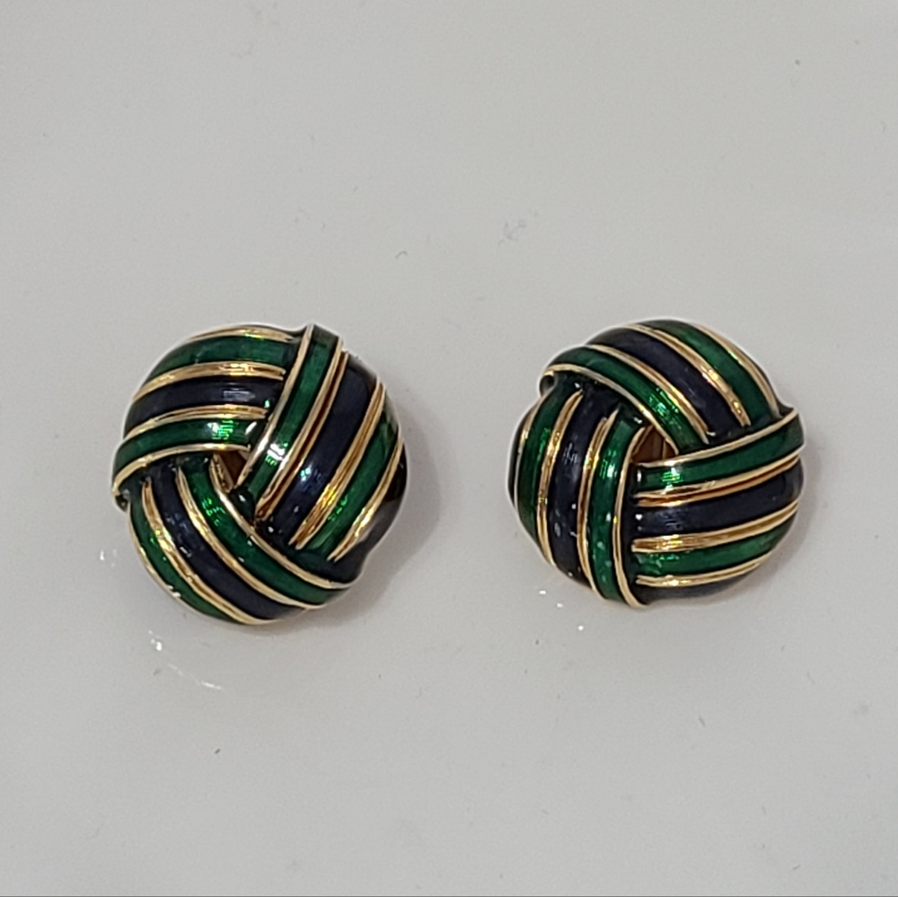 Vintage D'ORLAN Designer Luxury 22K Gold Blue Green Knot Stud Clip On Earrings